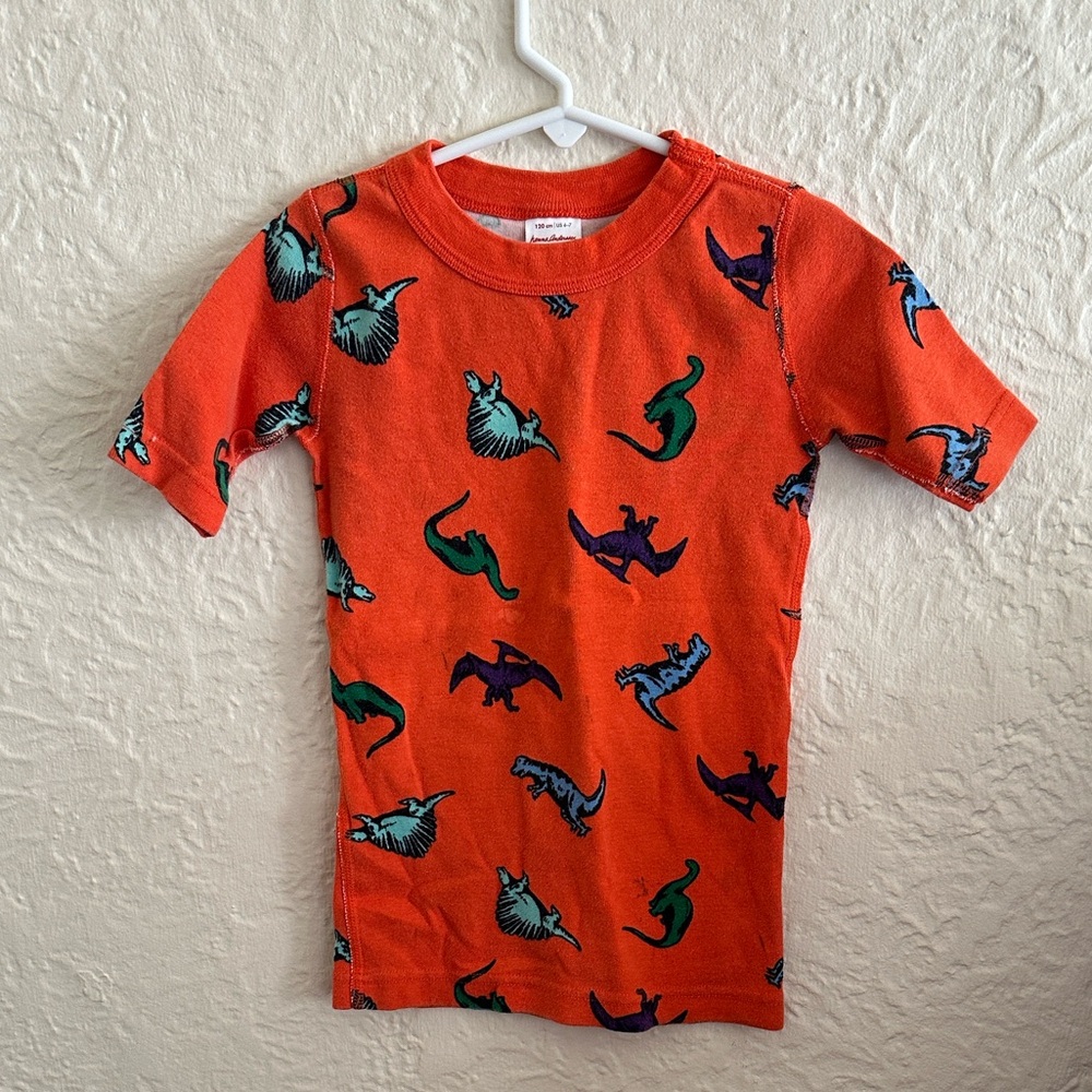 Hanna Andersson Dinosaur Pattern Orange Short John Pajama Top Kids Boys 6-7